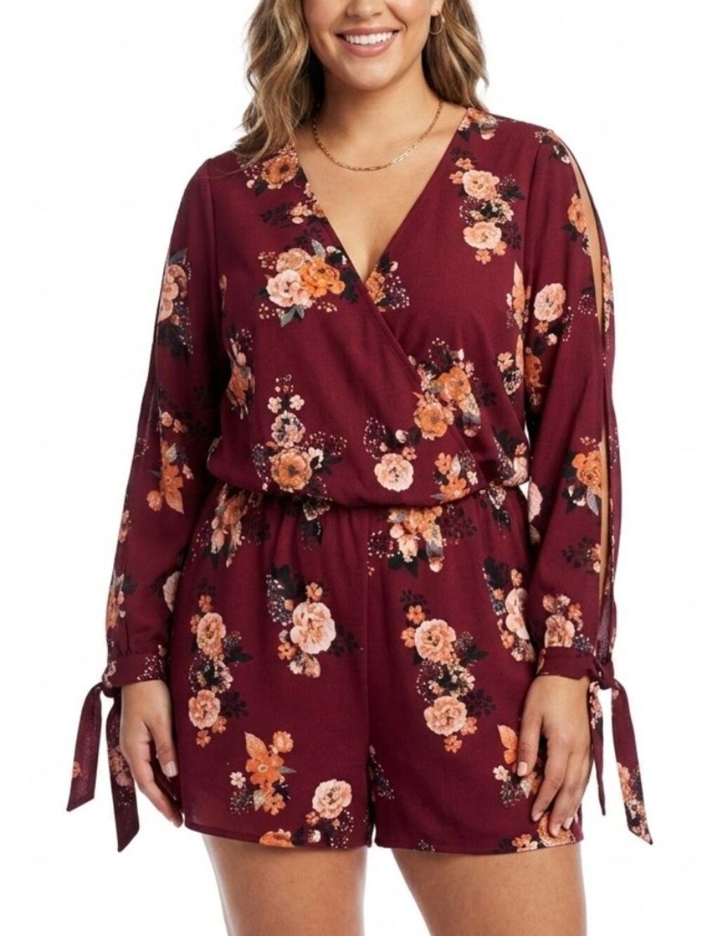 GUESS Whimsical Burgundy Floral Wrap Romper Cottagecore XL